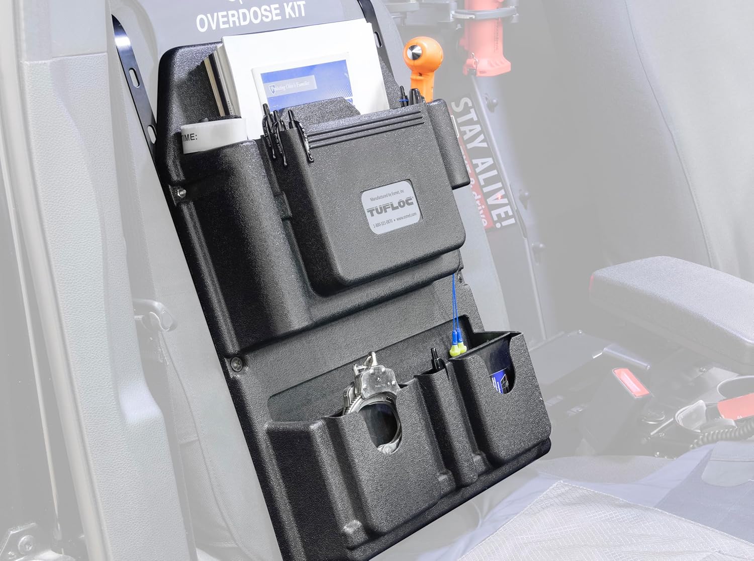 Tufloc seat organizer for police vehicles model 78-100 with brackets and compartments, shown on a police car seat